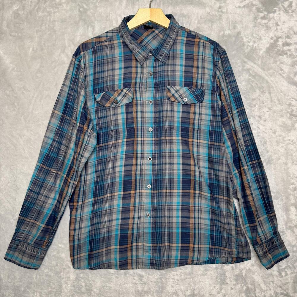 Oakley Shirt Mens Large Blue Teal Brown Plaid Button Down Long Sleeve Casual
